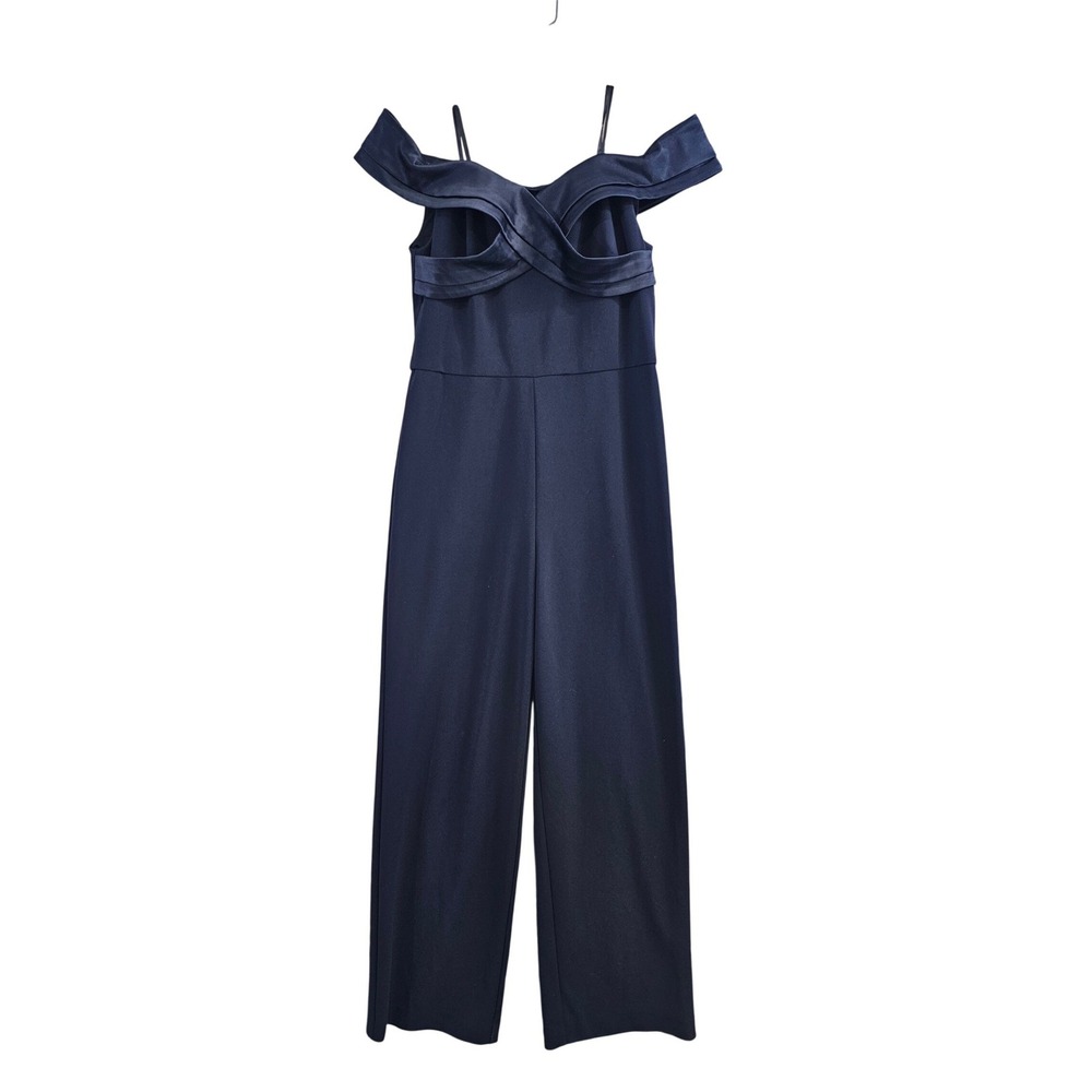 Lauren Ralph Lauren Jumpsuit Womens 12 Navy Blue Solid Satin Off Shoulder Trim